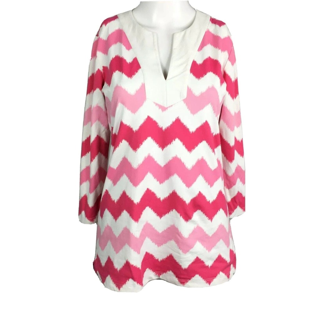 J. McLaughlin Shirt Womens Sz XS White Pink Chevron Stripe Stretch Knit Tunic